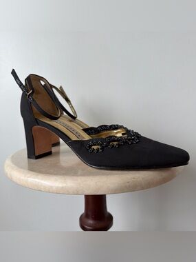 Vintage Satin Beaded Square Toe Heels